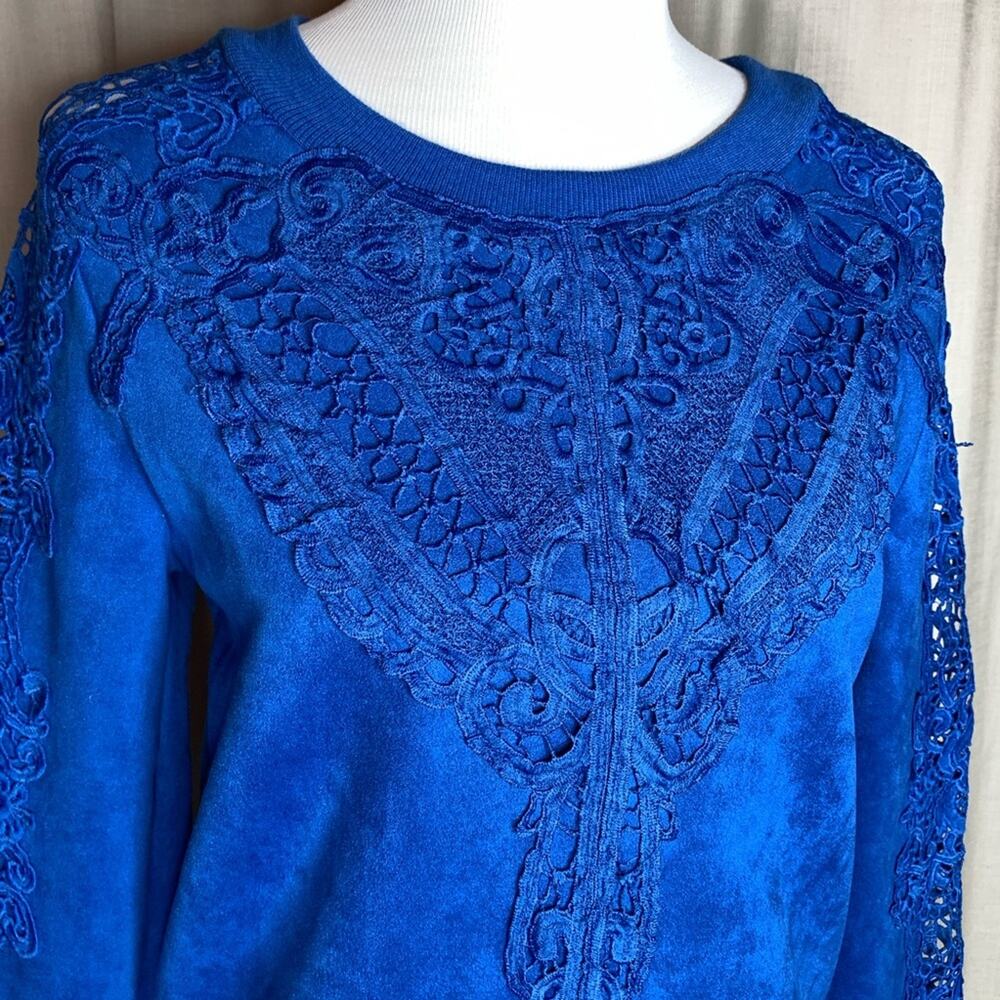 Alice Blue Lace Yoke & Sleeve Suede-like Sweater